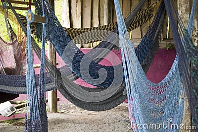 Area with many hammocks to rest or have a nap. No people, Costa Rica Stock Photo