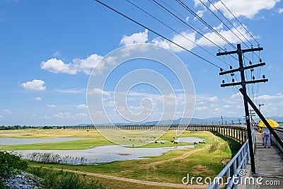 Area of Railroad tracks for travel train parked with floating railway bridge Stock Photo