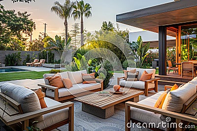 Area of spacious house terrace with modern garden furniture Stock Photo