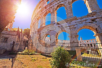 Arena Pula Roman amphitheater at sunset view Stock Photo