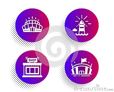 Arena stadium, Lighthouse and Shop icons set. Arena sign. Competition building, Navigation beacon, Store. Vector Vector Illustration