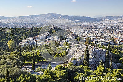 Areopagus hill and aerial view of Athens from Acropolis Stock Photo