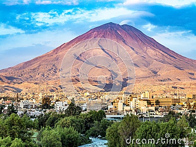 Arequipa, Peru with its iconic volcano Chachani in the backgroun Stock Photo