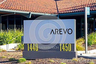 Arevo sign at headquarters of company that develops technology to enable direct digital additive manufacturing. - San Jose, Editorial Stock Photo
