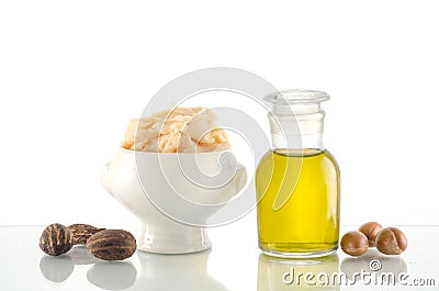 Argan oil and fruits with Shea butter and nuts Stock Photo