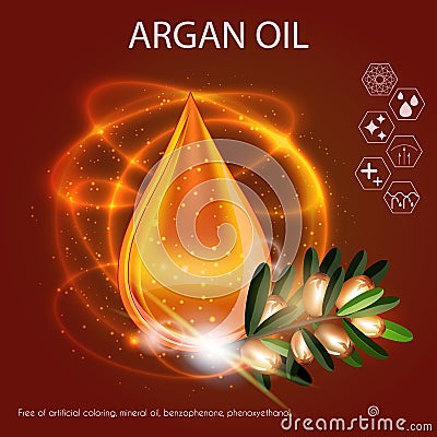 Argan Oil Serum Essence 3D Droplet with Branch Vector Illustration