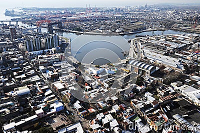 Argentina Buenos Aires aerial view of the city of La Boca caminito with a Nicolas Avellaneda bridge and river Stock Photo