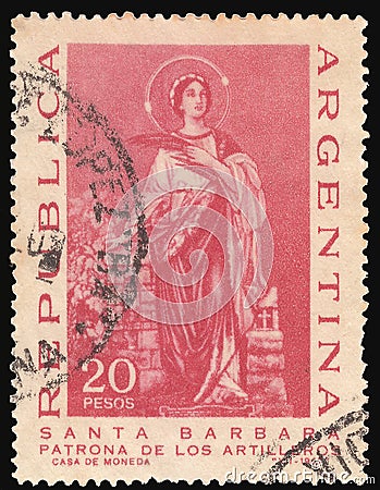 Argentina circa 1967: Cancelled postage stamp printed by Argentine mint, that shows saint Barbara patroness of artillery, circa Editorial Stock Photo