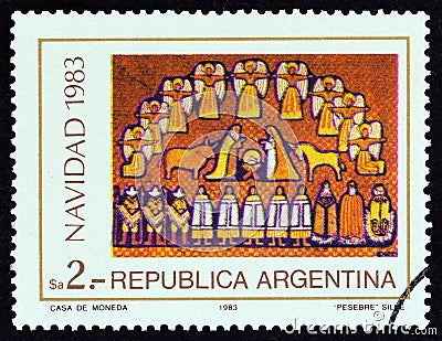 ARGENTINA - CIRCA 1983: A stamp printed in Argentina from the `Christmas` issue shows Tapestry, circa 1983. Editorial Stock Photo