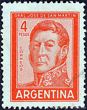 ARGENTINA - CIRCA 1959: A stamp printed in Argentina shows General Jose de San Martin, circa 1959. Editorial Stock Photo