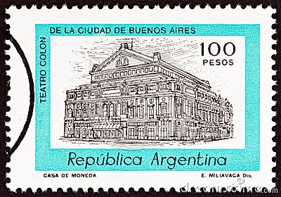ARGENTINA - CIRCA 1981: A stamp printed in Argentina shows Columbus Theatre, Buenos Aires, circa 1981. Editorial Stock Photo