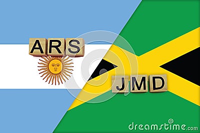 Argentina and Jamaica currencies codes on national flags background Stock Photo