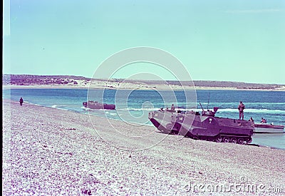 Argentina landing of the marine infantry with infantrymen running on the beach of the Atlantic Ocean Editorial Stock Photo