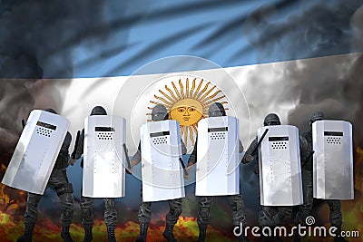 Argentina protest stopping concept, police swat protecting government against revolt - military 3D Illustration on flag background Stock Photo