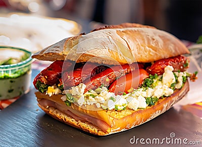 Argentina street food traditional choripan sandwich with chorizo sausage tomato goat. Generative AI Stock Photo