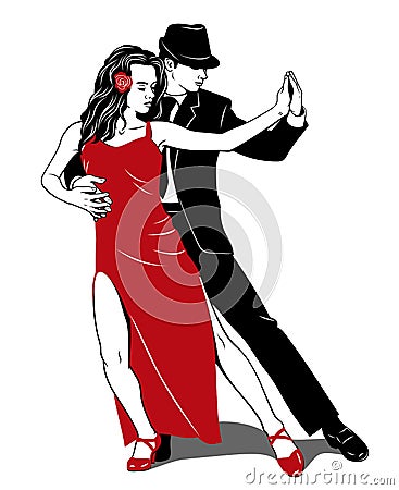 Argentine Tango. Couple Dancing. Woman in red dress, Man in black suit. Vector Illustration