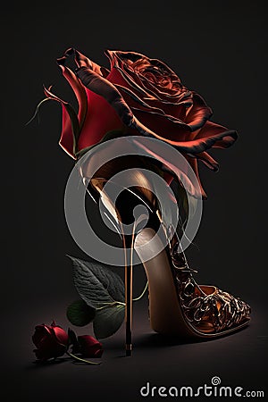 Argentine tango shoes, stiletto shoe and dark red rose on black background, AI generative Stock Photo