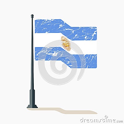 Argentinian flag with scratches, vector flag of Argentina waving on flagpole with shadow. Vector Illustration