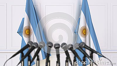 Argentinian official press conference. Flags of Argentina and microphones. Conceptual 3D rendering Stock Photo