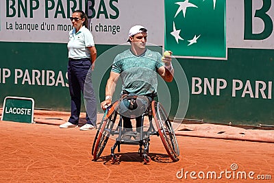 Argentinian wheelchair tennis player Gustavo Fernandez in action during his wheelchair men`s singles final match at Roland Garros Editorial Stock Photo