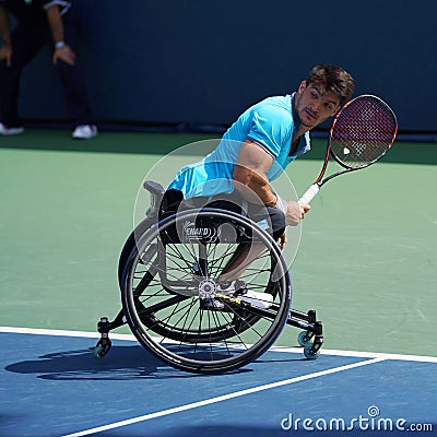 Argentinian wheelchair tennis player Gustavo Fernandez in action during US Open 2017 Wheelchair Men`s Singles semifinal Editorial Stock Photo