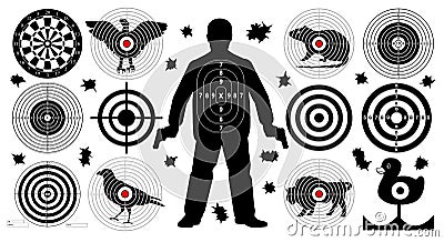 Arget for shooting set, man with arms, shoot gun aim animals people man Vector Illustration