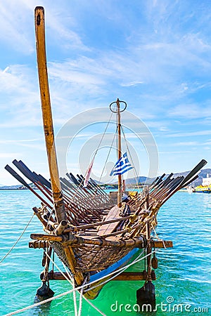 Argo ship copy of prehistoric vessel in port Volos, Greece Stock Photo