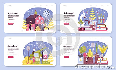 Argonomist web banner or landing page set. Scientist making Vector Illustration