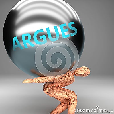 Argues as a burden and weight on shoulders - symbolized by word Argues on a steel ball to show negative aspect of Argues, 3d Cartoon Illustration