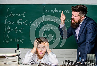 Arguing about study. Conflict situation. School conflict. Demanding lecturer. Teacher strict serious bearded man having Stock Photo