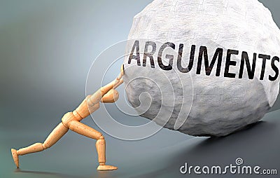 Arguments and painful human condition, pictured as a wooden human figure pushing heavy weight to show how hard it can be to deal Cartoon Illustration