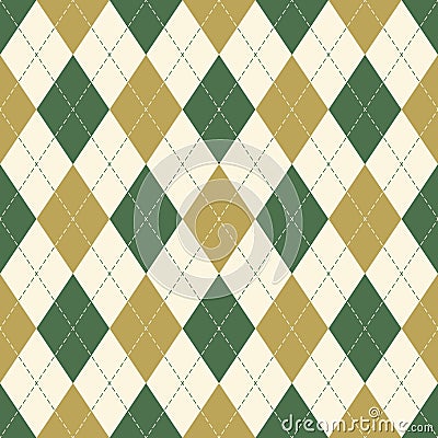 Argyle pattern seamless autumn in green and gold. Traditional stitched vector argyll diamond rhombus background art for gift paper Vector Illustration