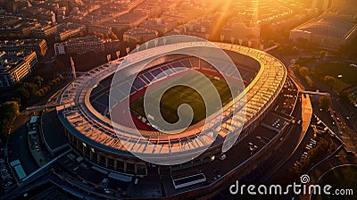 Arial image of Parc des Princes stadium during sunset, hyperrealistic. French tricolor. Stock Photo