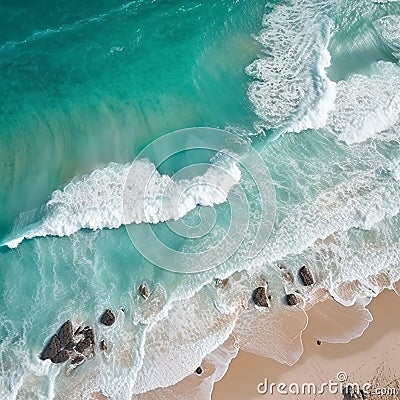 Arial view of beautiful ocean coastline with blue water, golden sand, surf line, waves, beautiful seascape, nays background, Stock Photo