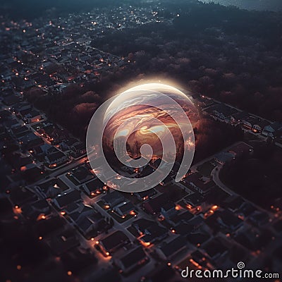 Arial view giant planet Jupiter floating in the air above suburban homes surreal hyper detailed night natural light Stock Photo