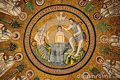 Mosaic of Jesus being baptized,The Arian Baptistry in Ravenna, Italy Editorial Stock Photo