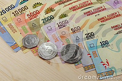 Ariary, Banknotes and Coins of the state of Madagascar Stock Photo