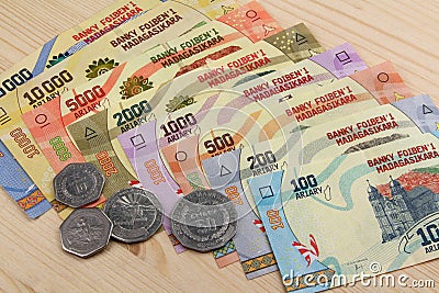 Ariary, Banknotes and Coins of the state of Madagascar Stock Photo