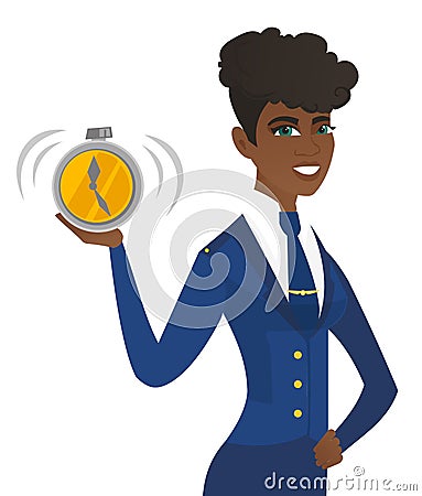 Arican-american stewardess holding alarm clock. Vector Illustration