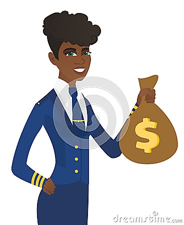 Arican-american stewardess holding a money bag. Vector Illustration