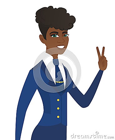 Arican stewardess showing the victory gesture. Vector Illustration