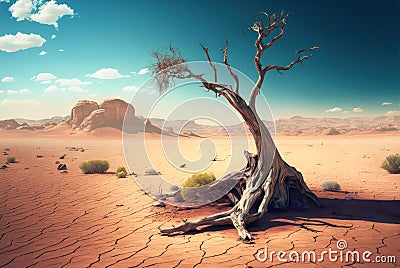Arid landscape with dead tree on cracked dried soil, drought ecological problem concept. Generative AI illustration Cartoon Illustration
