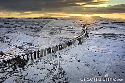 Ariel picture of Yorkshire landmark Ribblehead Viaduct, North Yorkshire, Yorkshire Dales, Sunrise, Clouds, Railway, Landscape, Stock Photo