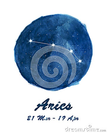 Aries constellation icon of zodiac sign Aries in cosmic stars space. Blue starry night sky inside circle background. Stock Photo