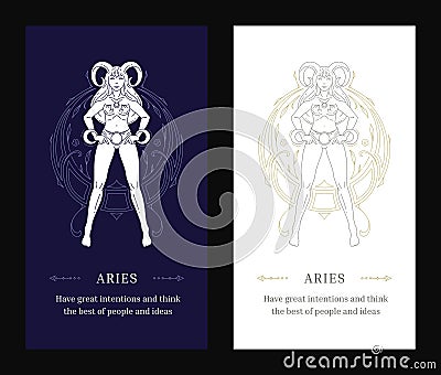 Aries zodiac antique woman goddess horoscope line art deco poster design template set vector Vector Illustration