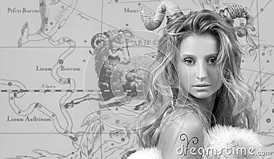 Horoscope. Aries Zodiac Sign, Beautiful woman Aries on zodiac map Stock Photo