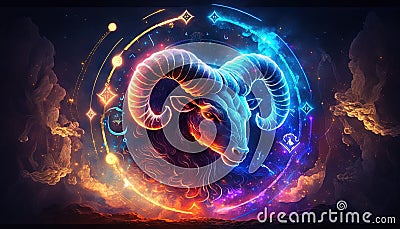 Aries Zodiac Sign magical neon energy glowing Generative Art Stock Photo