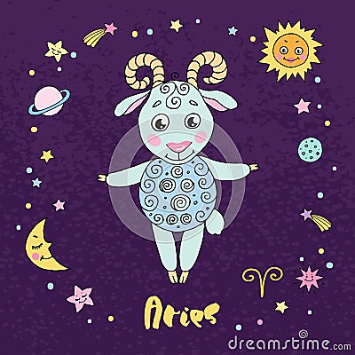 Aries zodiac sign on night sky background with stars Vector Illustration