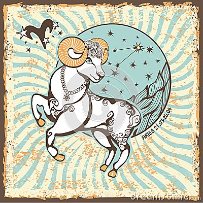 Aries zodiac sign.Vintage Horoscope card Vector Illustration