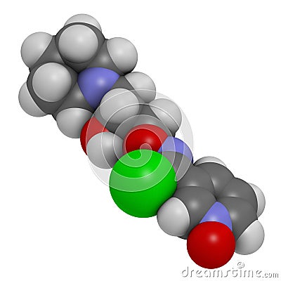Arimoclomol drug molecule. 3D rendering. Atoms are represented as spheres with conventional color coding: hydrogen white, carbon Stock Photo